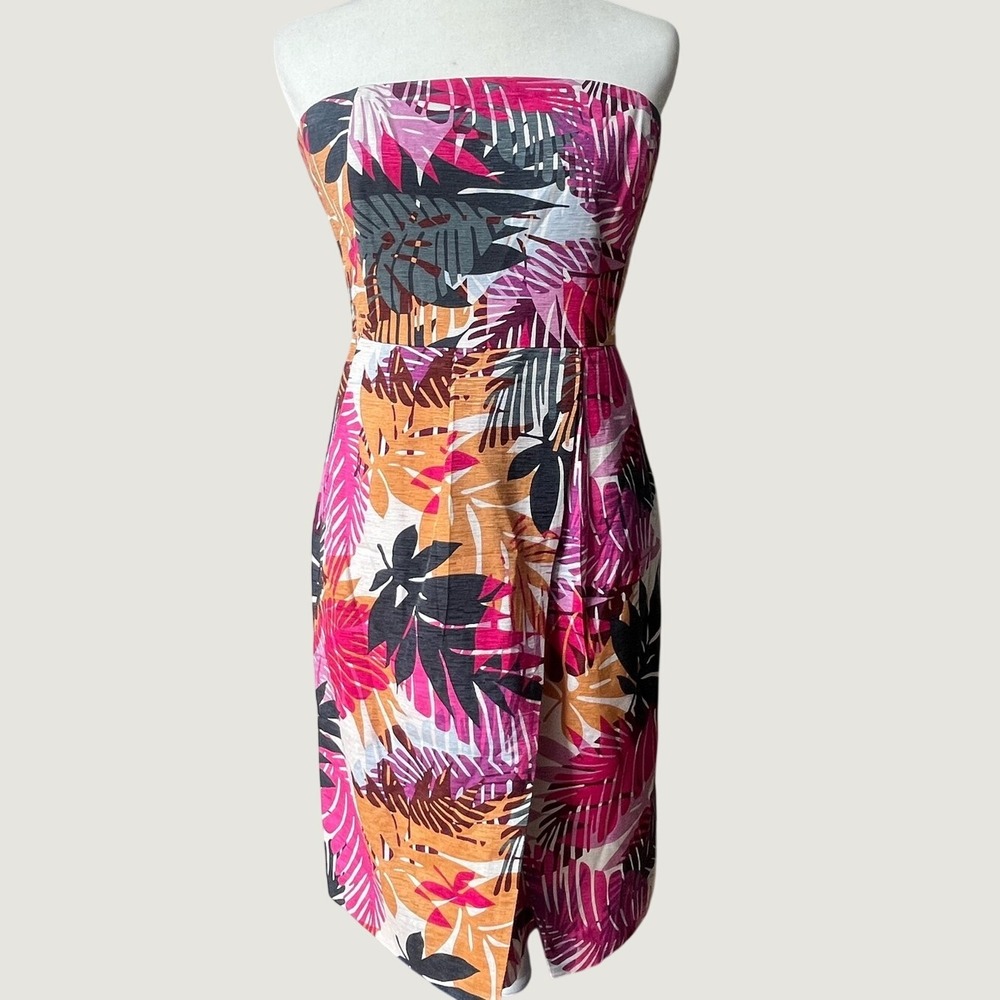 Banana Republic Strapless Tropical Leaf Print Dress Silk Blend Womens 8 Pockets